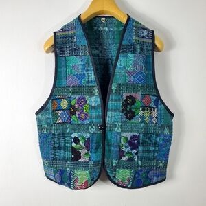 Vintage Vest Size Medium Women's Open Blue Green Boho Floral Patchwork Handmade